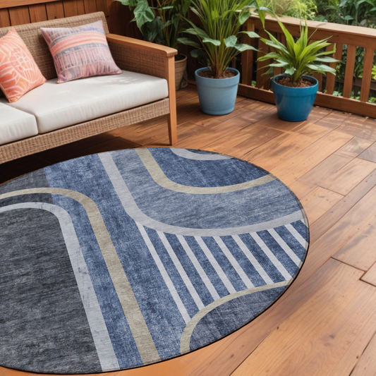 8' X 8' Blue and Black Round Abstract Washable Indoor Outdoor Area Rug