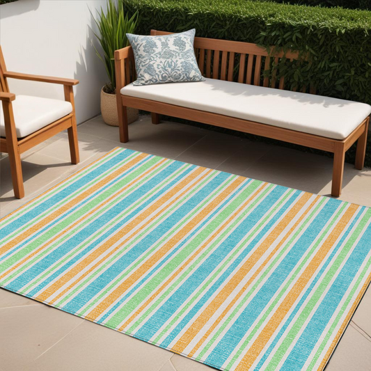 5' X 8' Teal Yellow and Green Striped Washable Non Skid Indoor Outdoor Area Rug