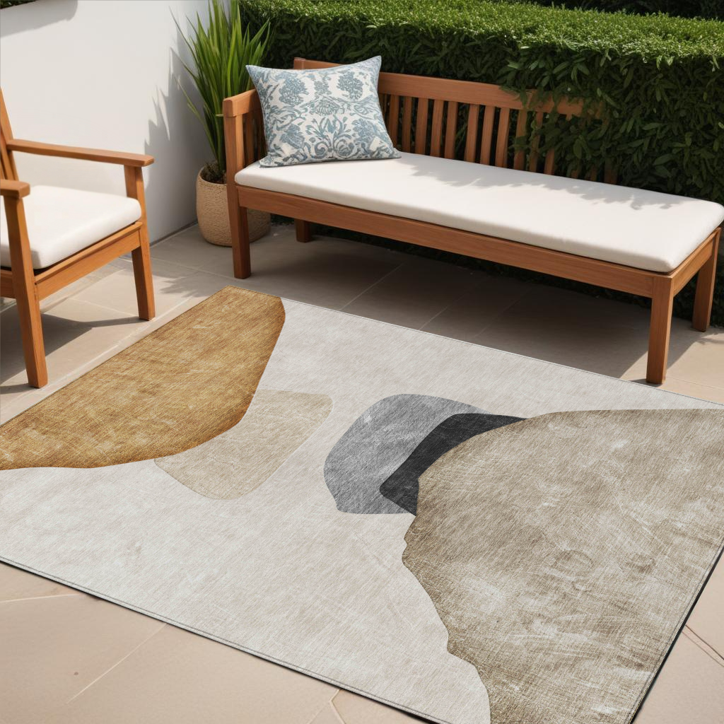 5' X 8' Tan Brown and Gray Abstract Washable Non Skid Indoor Outdoor Area Rug