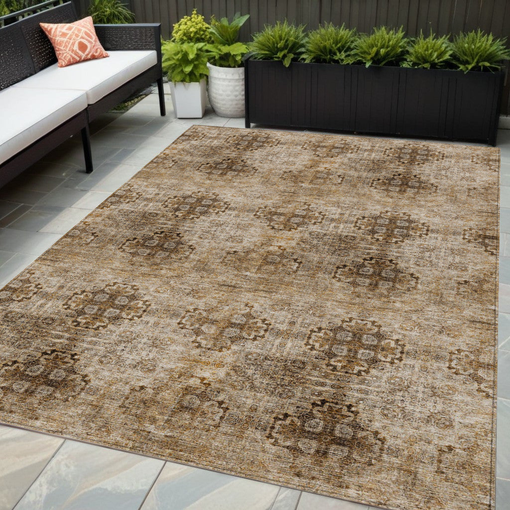 5' X 8' Taupe Floral Medallion Washable Non Skid Indoor Outdoor Area Rug