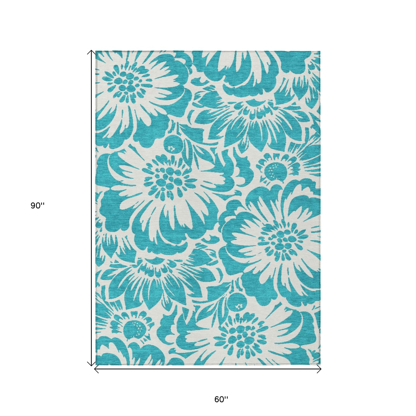 5' X 8' Teal and Ivory Floral Washable Non Skid Indoor Outdoor Area Rug