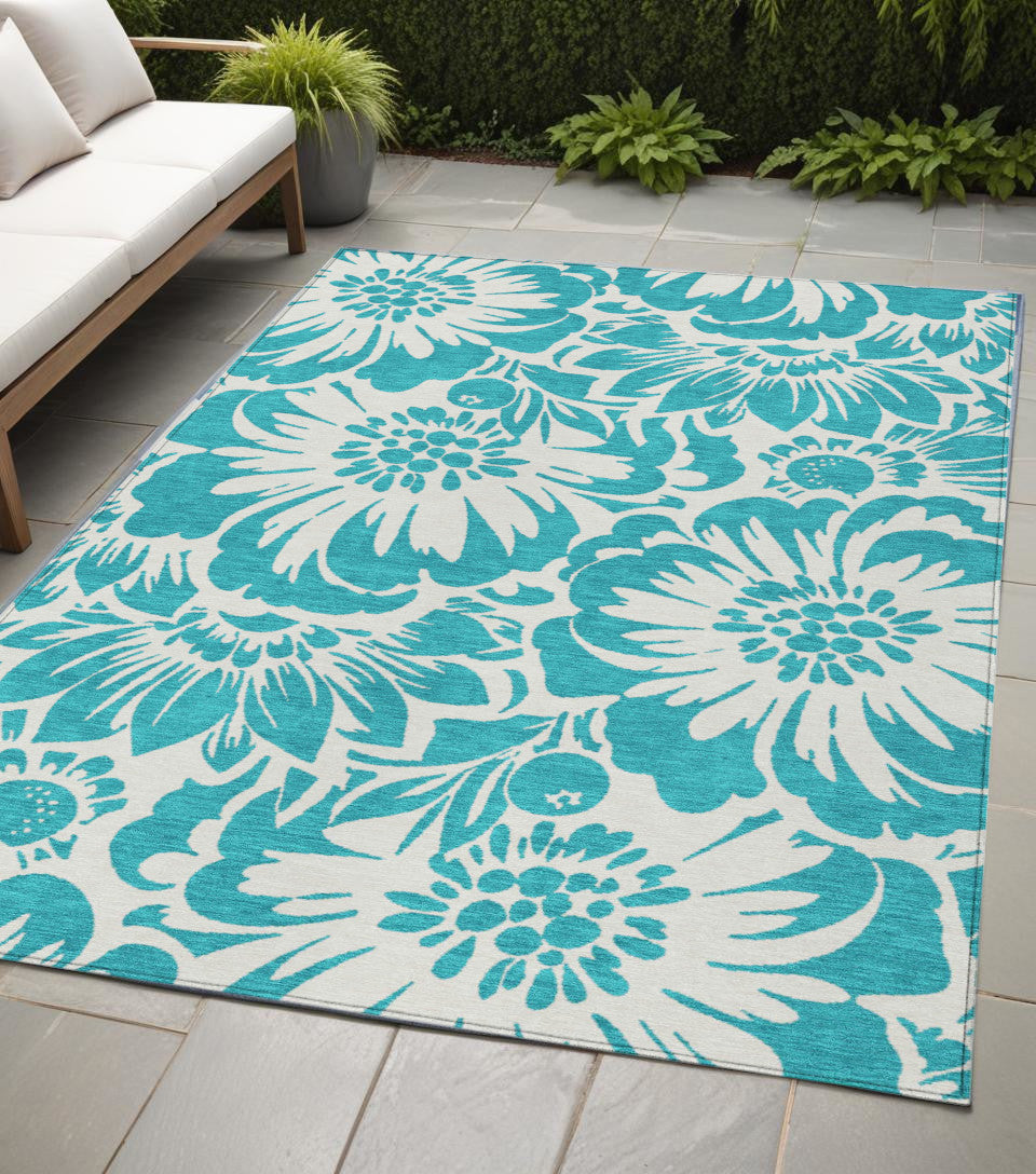 5' X 8' Teal and Ivory Floral Washable Non Skid Indoor Outdoor Area Rug