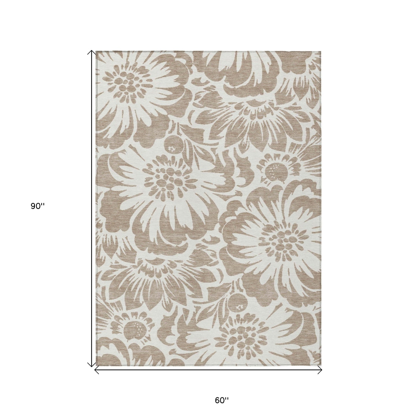 5' X 8' Taupe and Ivory Floral Washable Non Skid Indoor Outdoor Area Rug