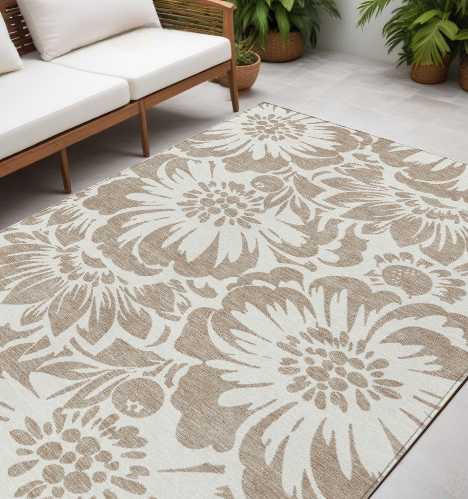 5' X 8' Taupe and Ivory Floral Washable Non Skid Indoor Outdoor Area Rug