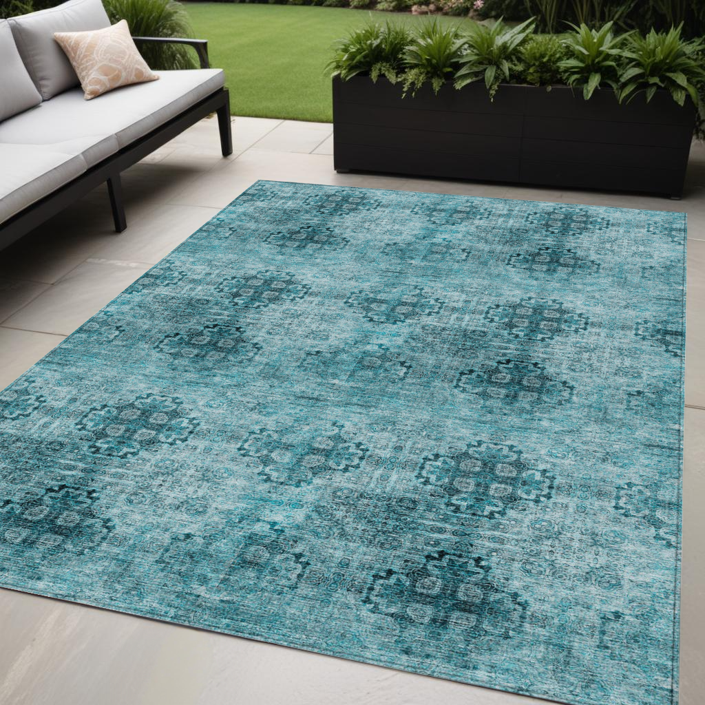 5' X 8' Teal Floral Medallion Washable Non Skid Indoor Outdoor Area Rug