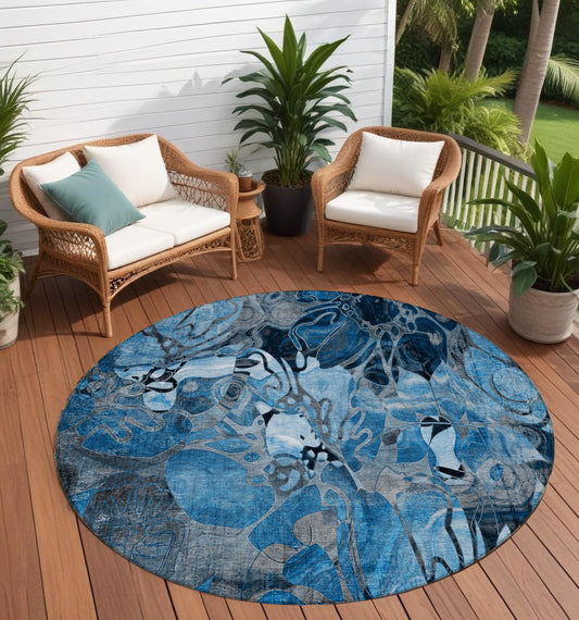 8' X 8' Blue and Gray Round Abstract Washable Indoor Outdoor Area Rug