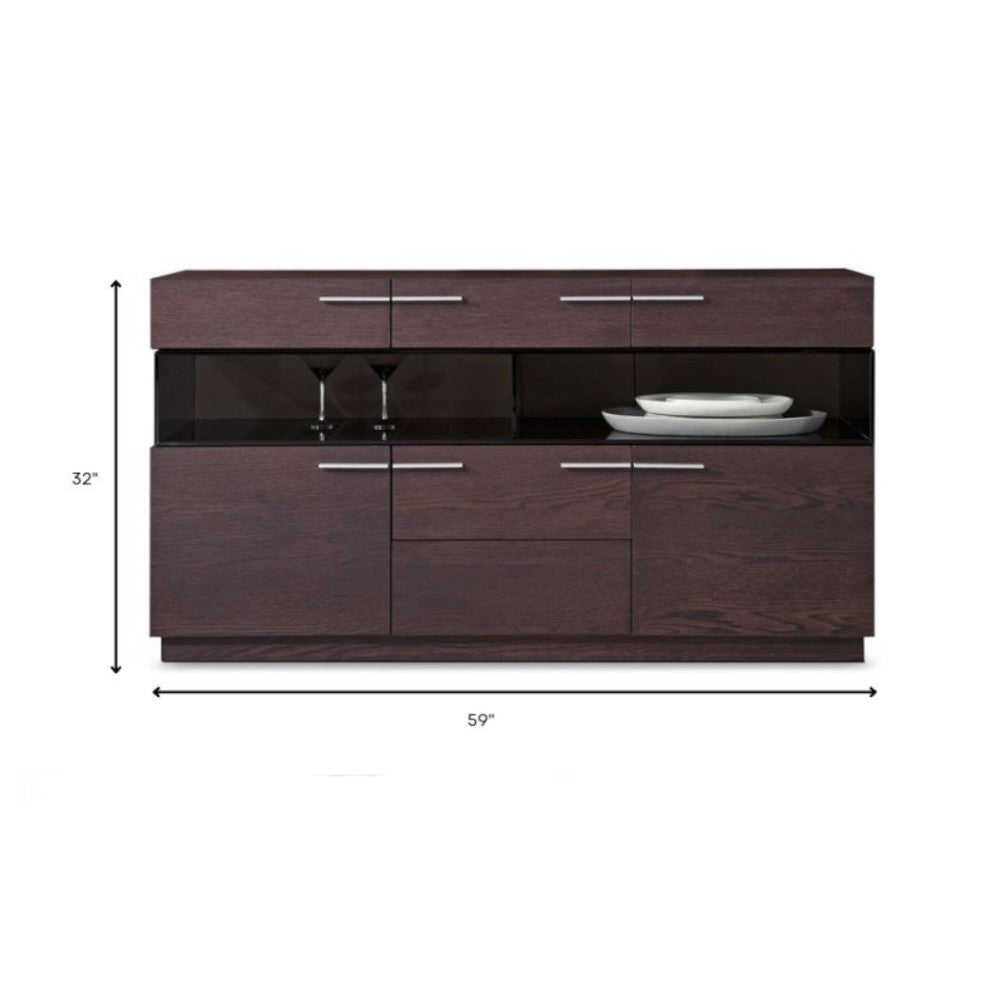 59" Brown Solid Wood Sideboard with Glass Doors