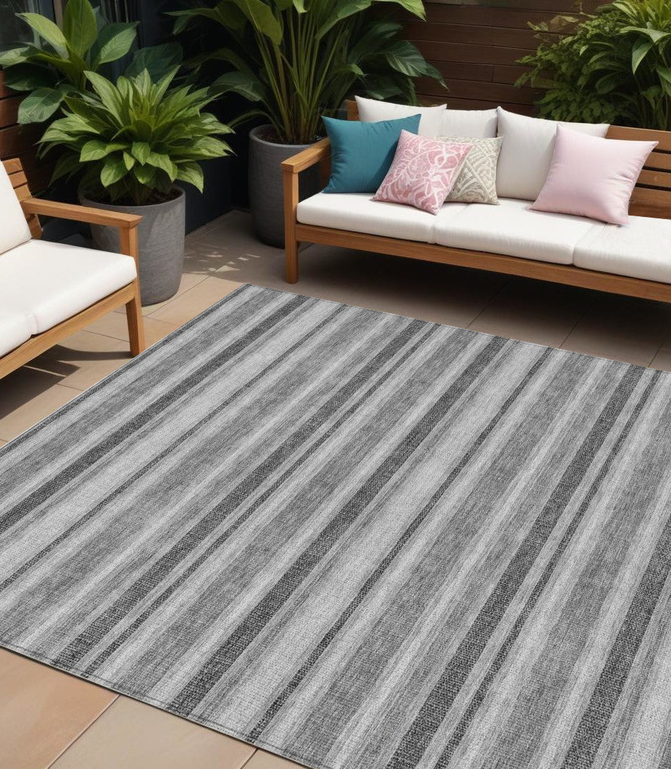 10' X 14' Black Silver and Gray Striped Washable Indoor Outdoor Area Rug