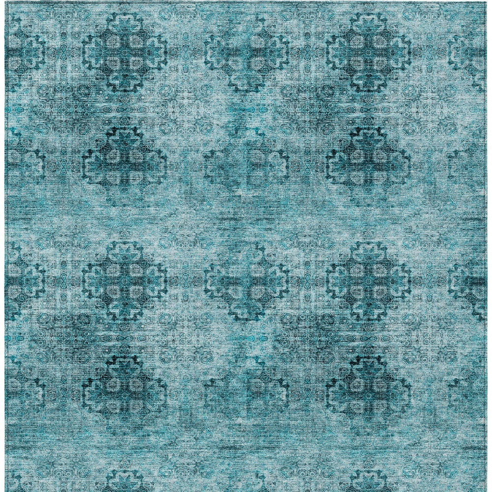 5' X 8' Teal Floral Medallion Washable Non Skid Indoor Outdoor Area Rug