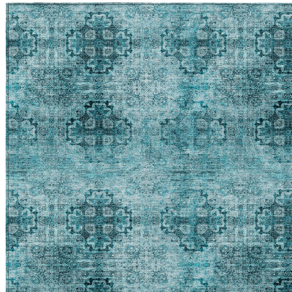 5' X 8' Teal Floral Medallion Washable Non Skid Indoor Outdoor Area Rug