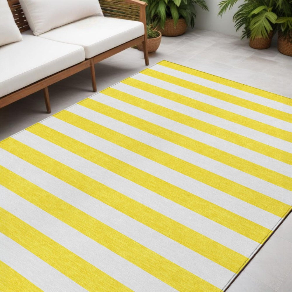 5' X 8' Yellow and White Striped Washable Indoor Outdoor Area Rug