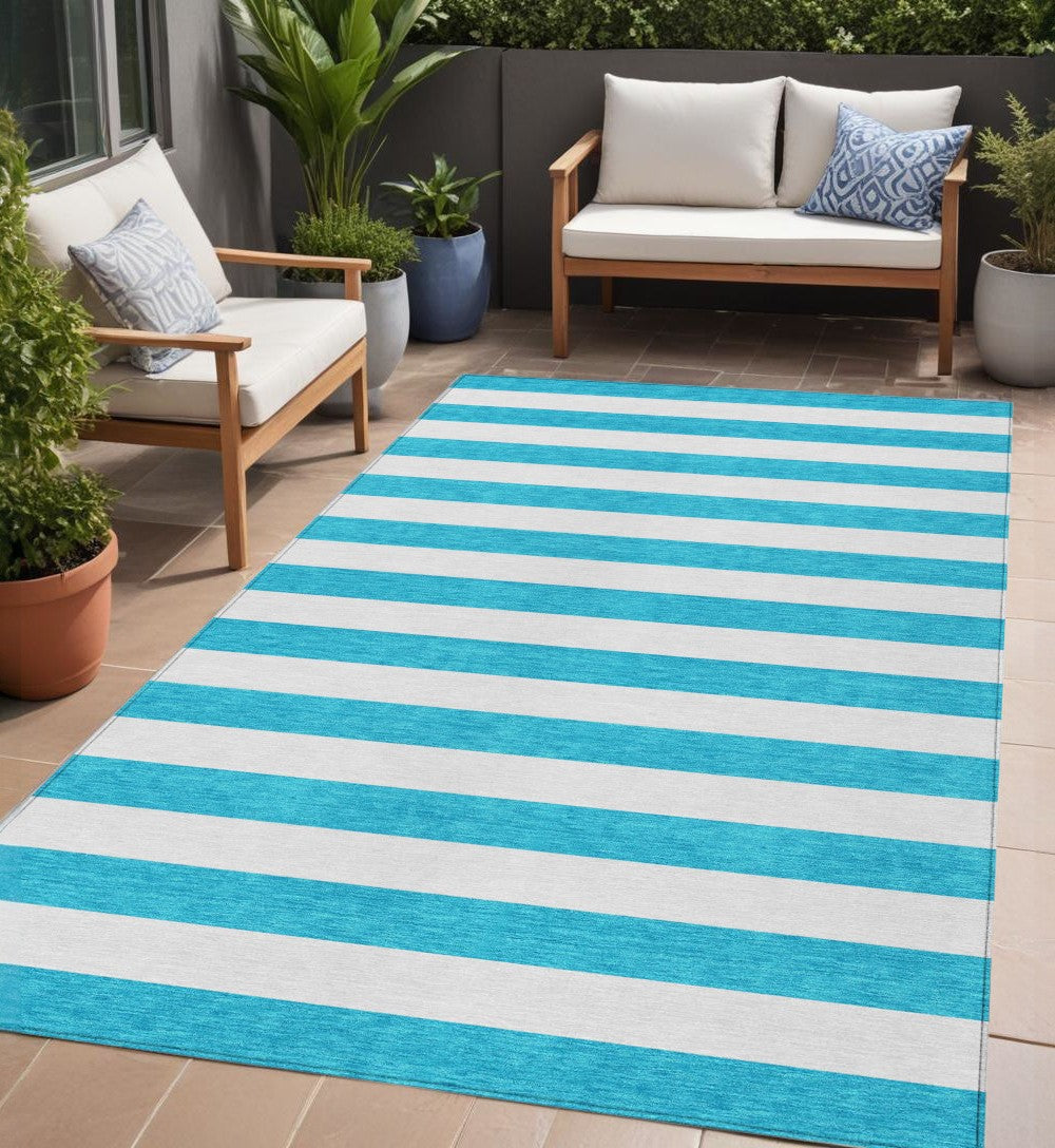 5' X 8' Teal and White Striped Washable Indoor Outdoor Area Rug