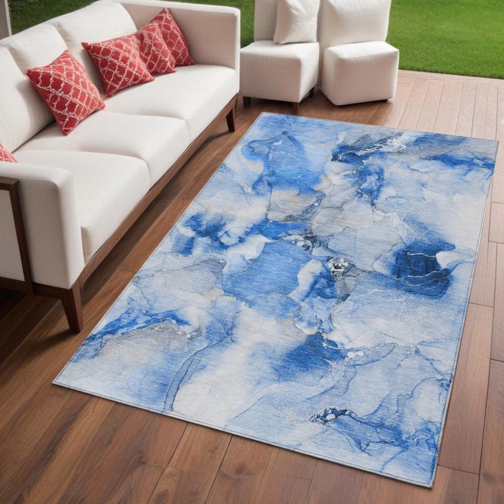 5' X 8' Navy Blue Abstract Washable Indoor Outdoor Area Rug