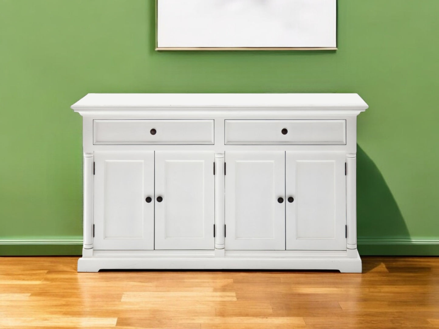 57" White Solid Wood Two Drawer Sideboard with Four Doors