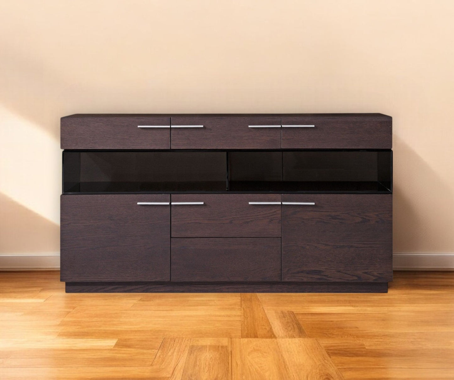 59" Brown Solid Wood Sideboard with Glass Doors