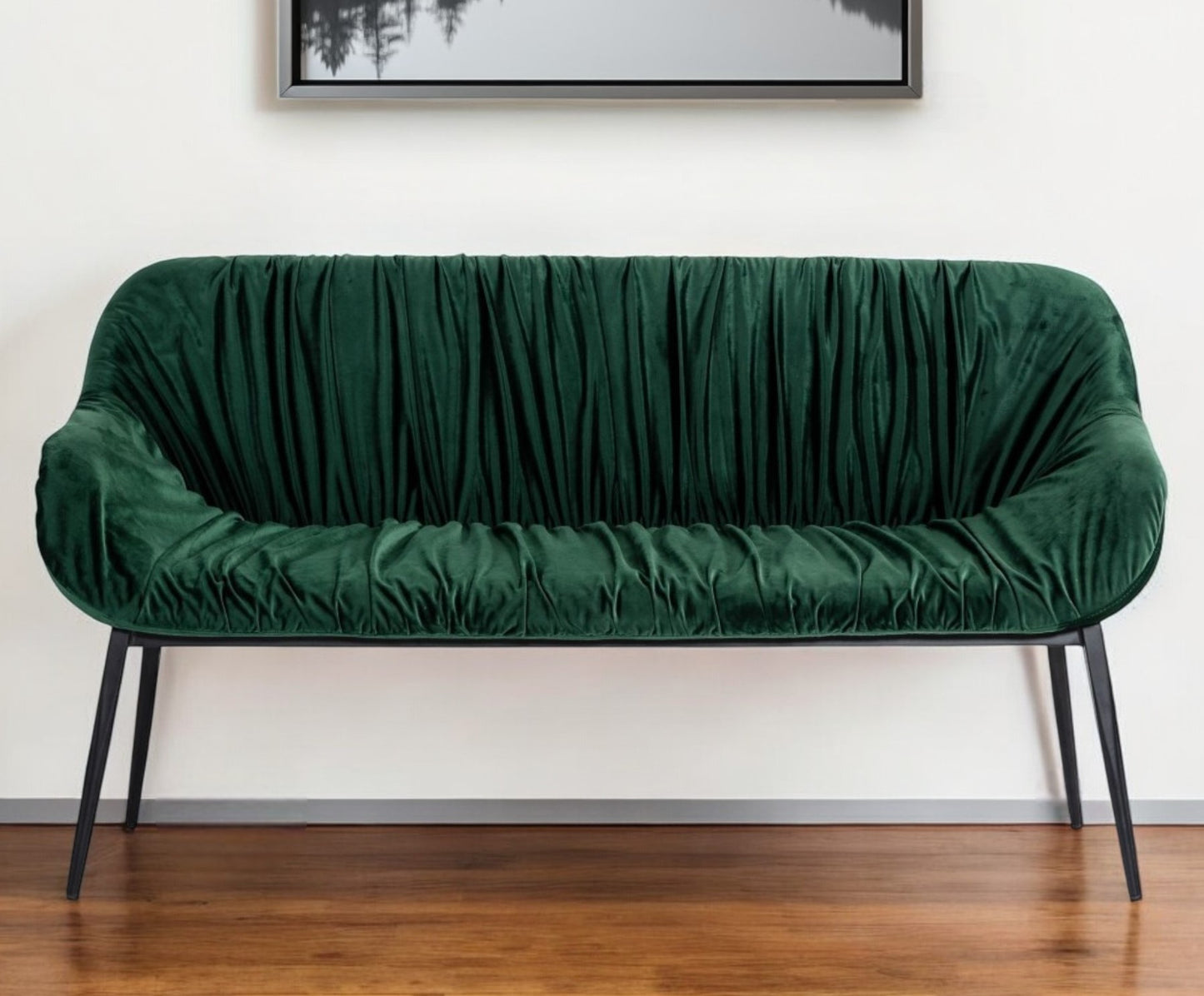 56" Green and Black Velvet Upholstered Dining Bench