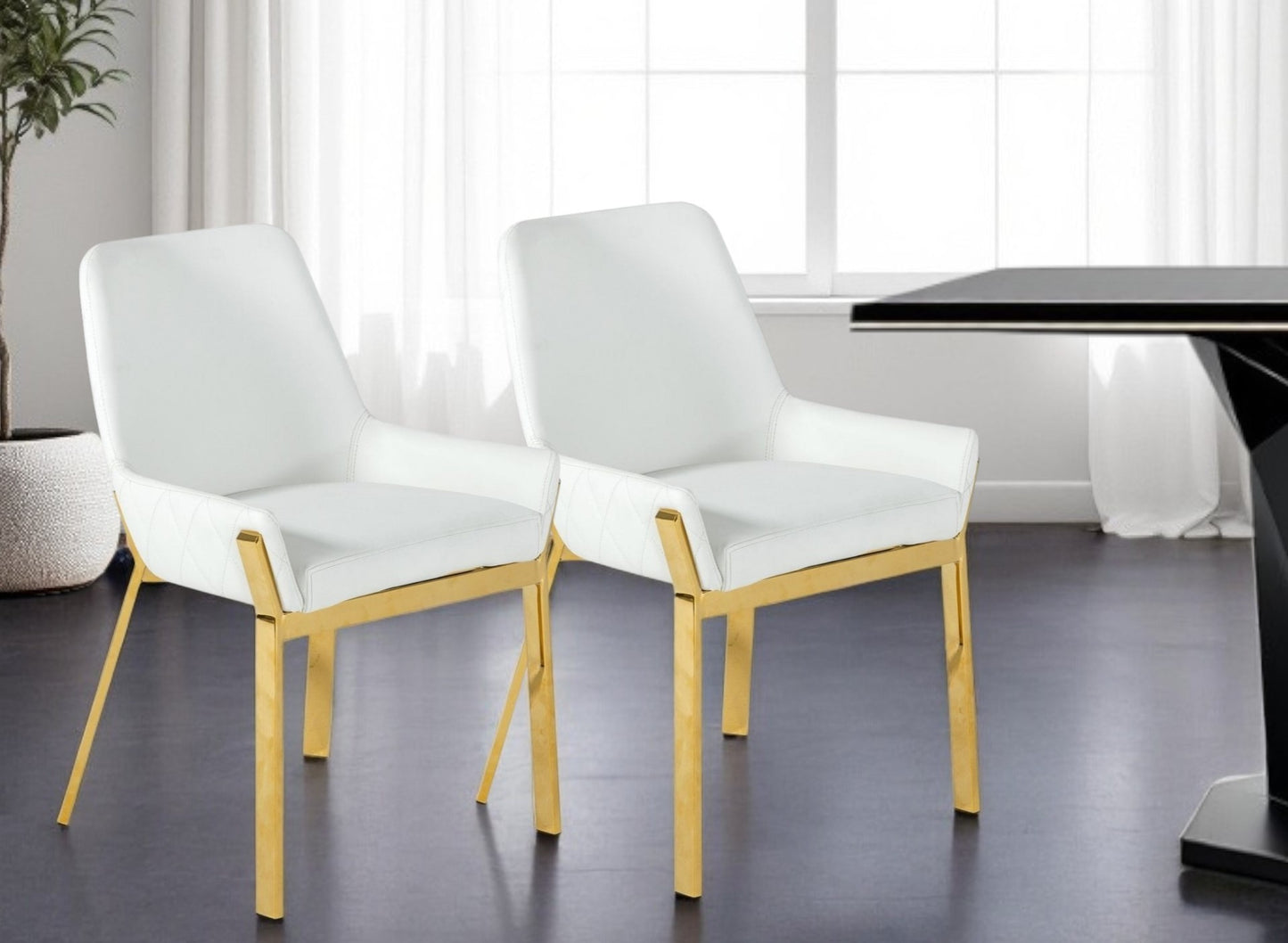 White And Gold Upholstered Faux Leather Dining Arm Chair