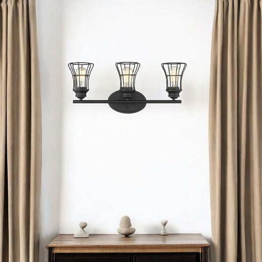 Three Light Matte Black Cage Wall Sconce