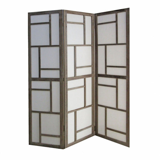 50" Gray and White Wood and Fabric Three Panel Screen Room Divider - Hummingbird & Hymm