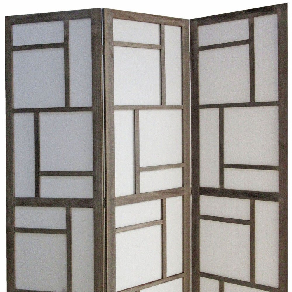 50" Gray and White Wood and Fabric Three Panel Screen Room Divider - Hummingbird & Hymm