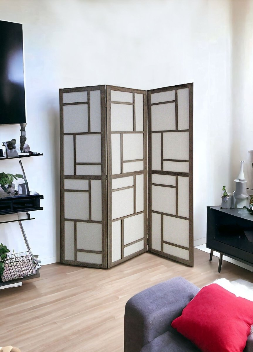 50" Gray and White Wood and Fabric Three Panel Screen Room Divider - Hummingbird & Hymm