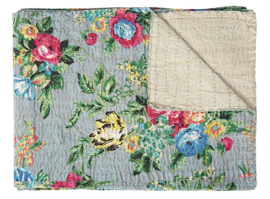 50" x 70" Gray and Blue Kantha Cotton Floral Throw Blanket - Hummingbird & Hymm