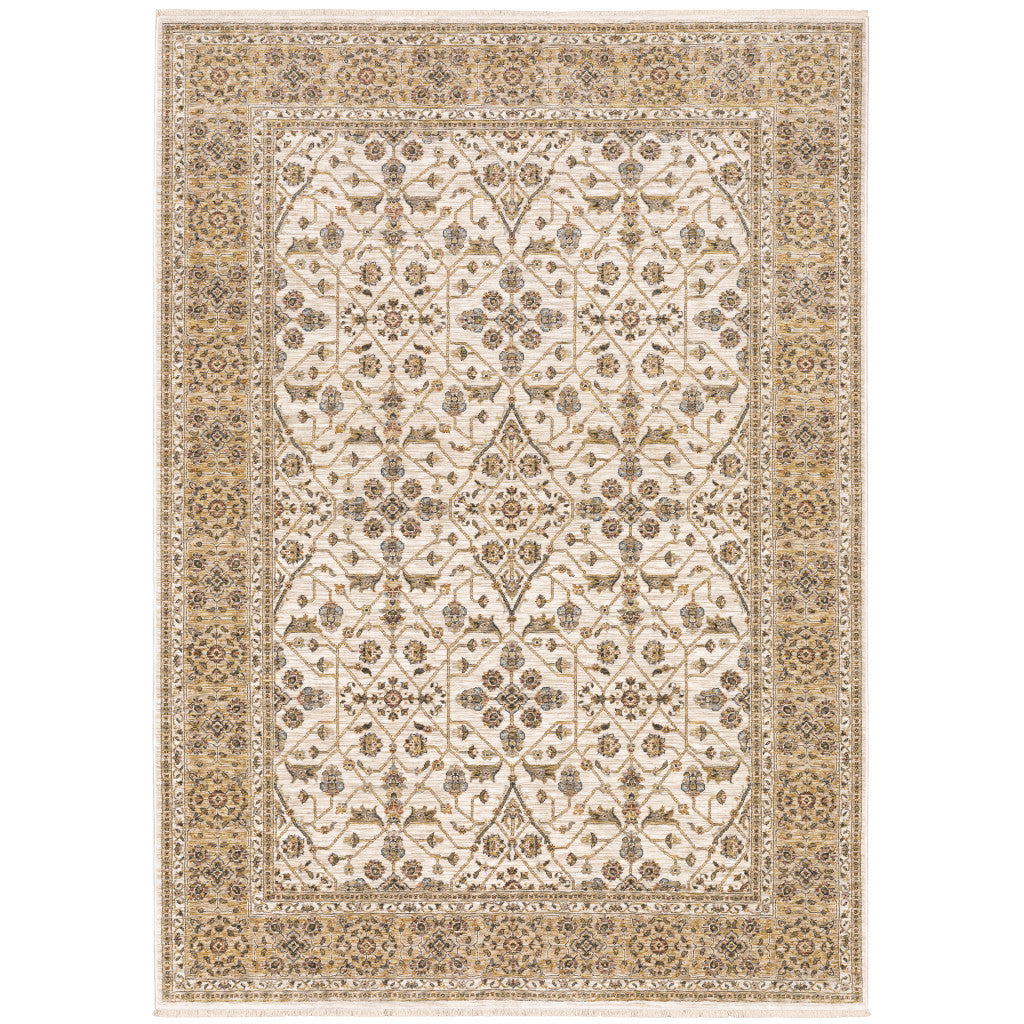 5' X 8' Ivory And Gold Oriental Power Loom Stain Resistant Area Rug With Fringe Homeroots Home Decor