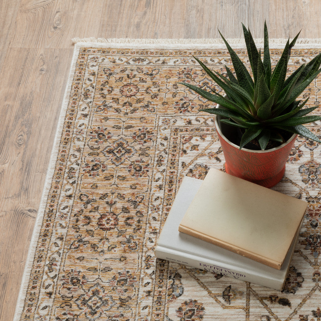 5' X 8' Ivory And Gold Oriental Power Loom Stain Resistant Area Rug With Fringe Homeroots Home Decor