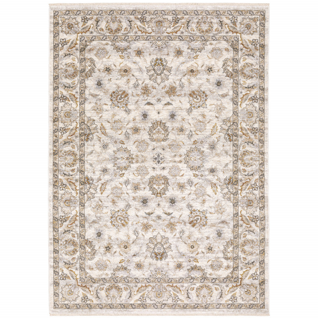 5' X 8' Ivory And Grey Oriental Power Loom Stain Resistant Area Rug With Fringe Homeroots Home Decor