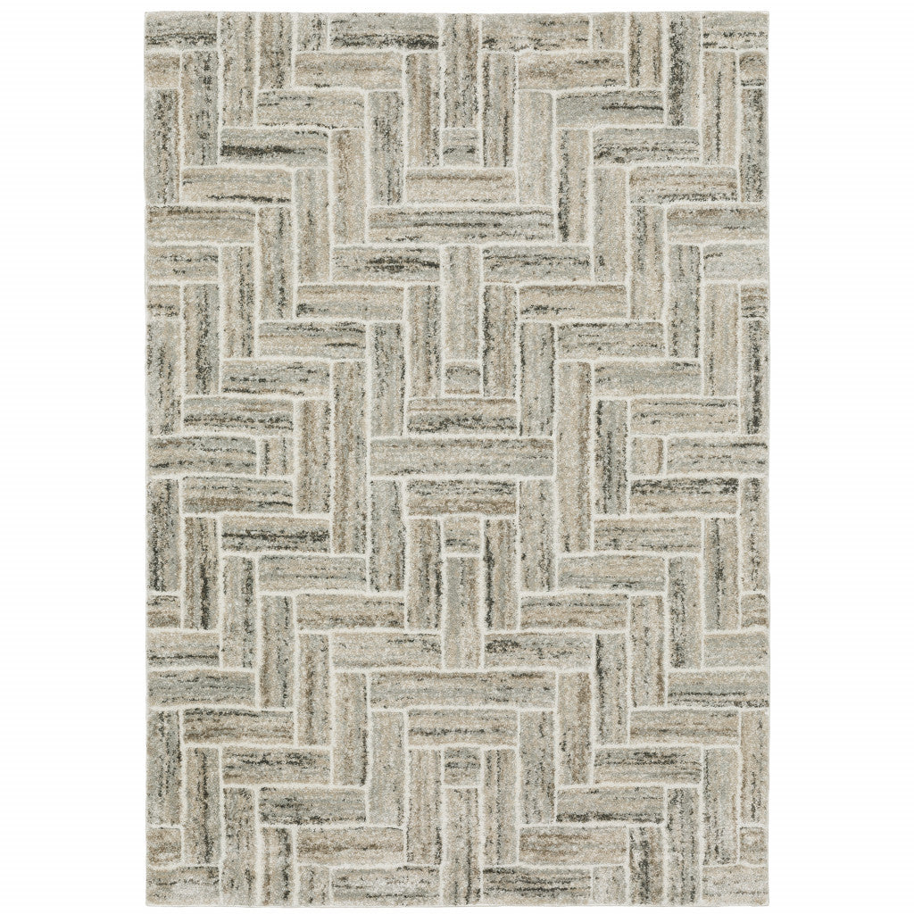 5' X 8' Ivory Beige Grey Brown Pale Blue And Charcoal Geometric Power Loom Stain Resistant Area Rug Homeroots Home Decor