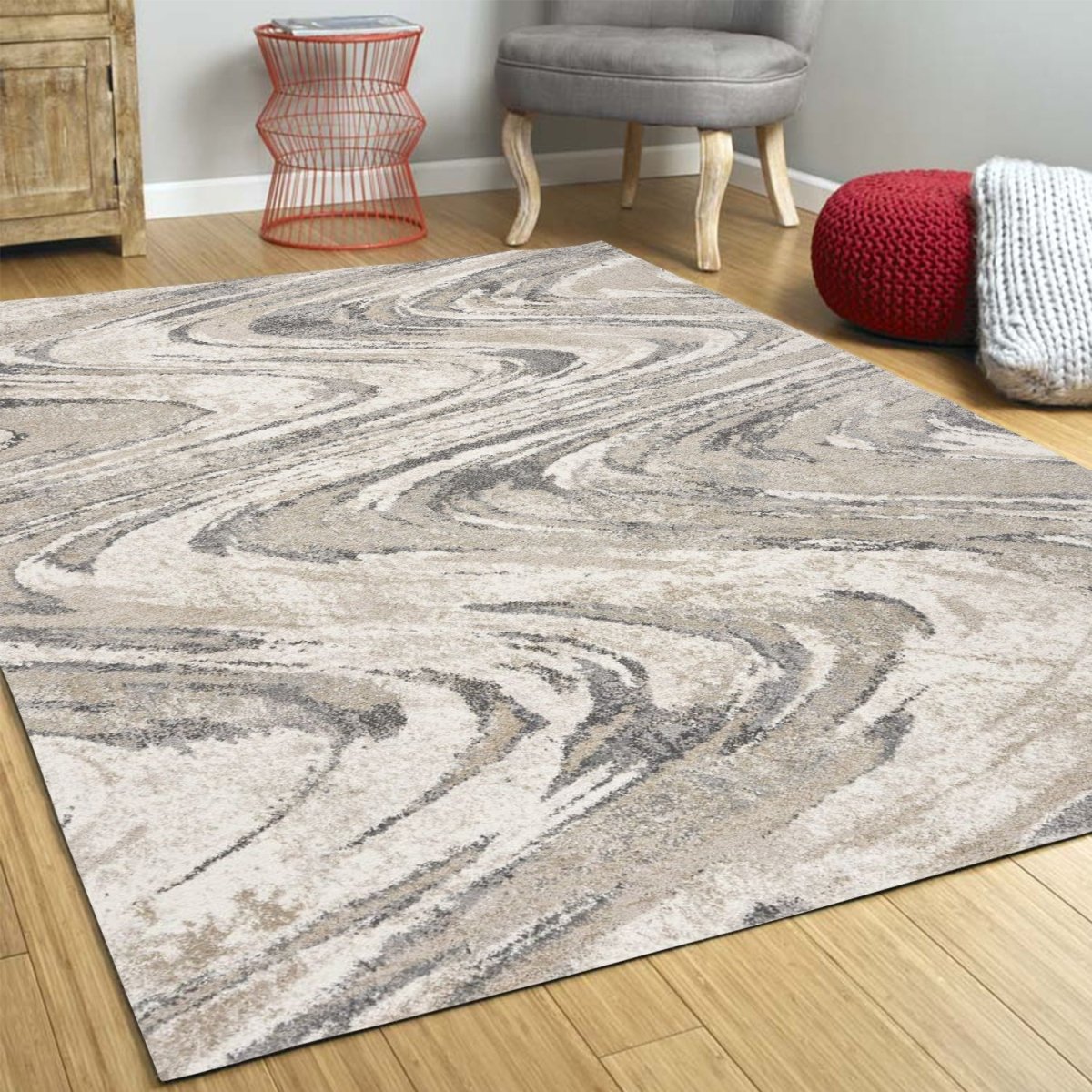 5' X 8' Natural Abstract Wave Brushstrokes Indoor Area Rug - Hummingbird & Hymm