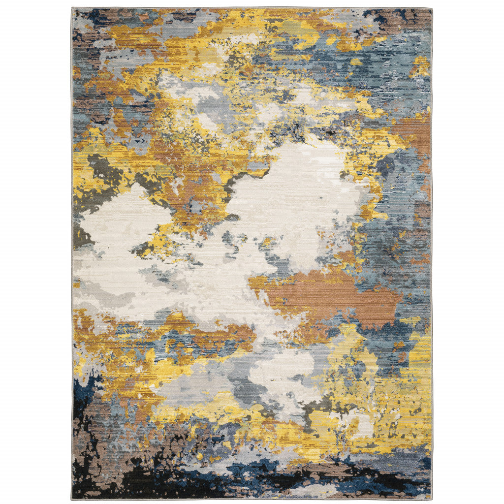 5' X 8' Yellow Gold Blue Grey Brown And Beige Abstract Power Loom Stain Resistant Area Rug Homeroots Home Decor