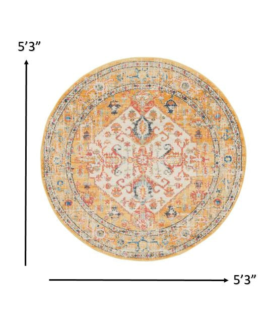 5' Yellow And Ivory Round Dhurrie Area Rug Homeroots Home Decor