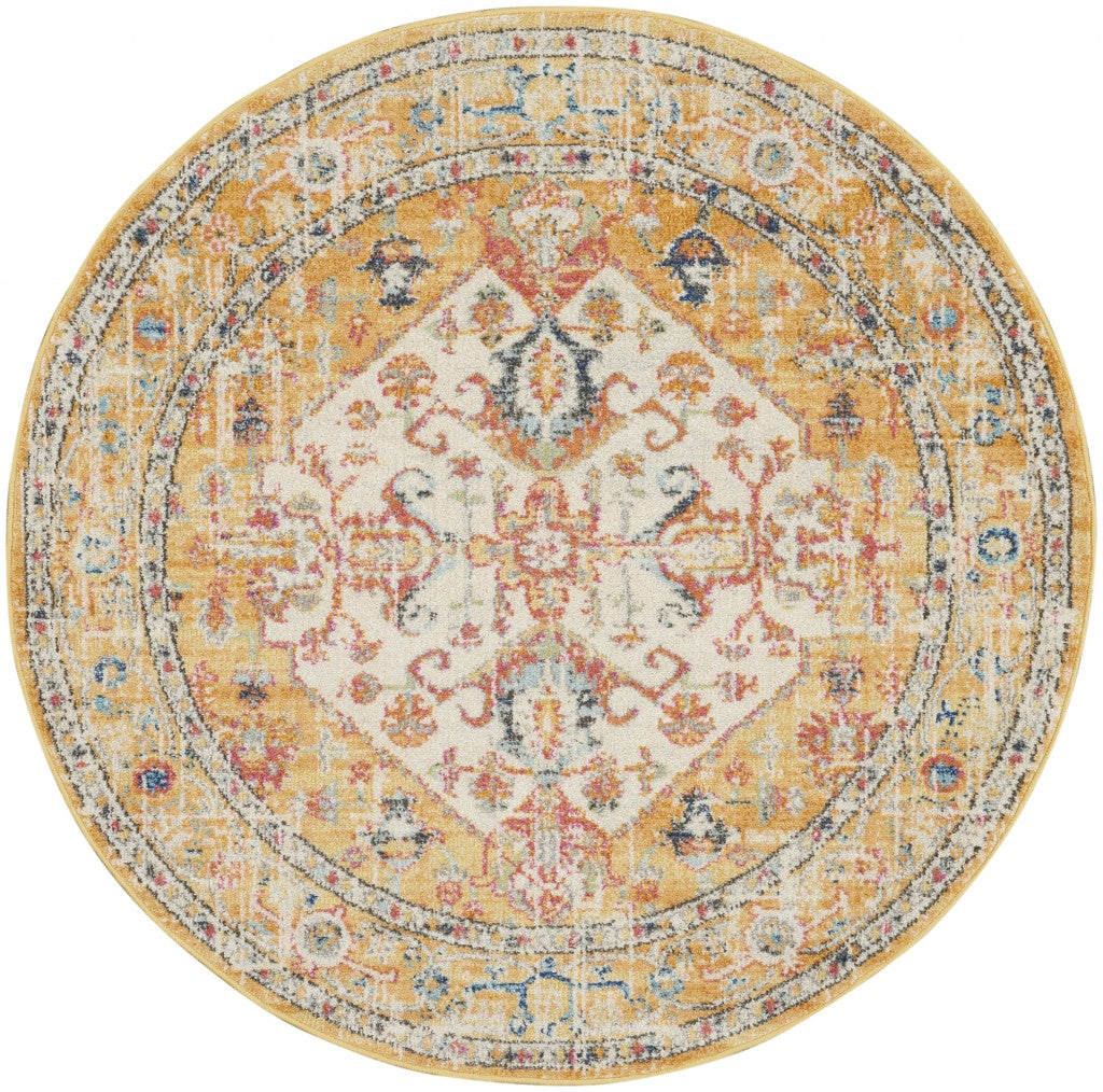 5' Yellow And Ivory Round Dhurrie Area Rug Homeroots Home Decor