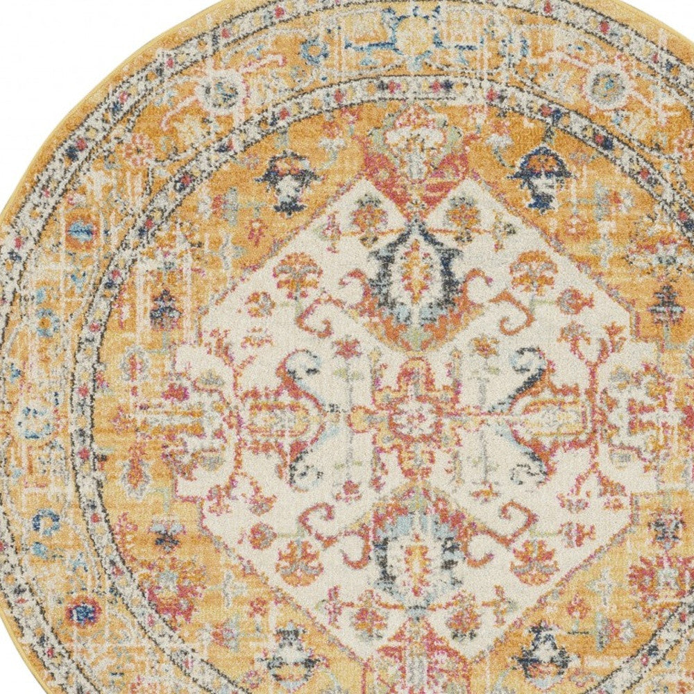 5' Yellow And Ivory Round Dhurrie Area Rug Homeroots Home Decor