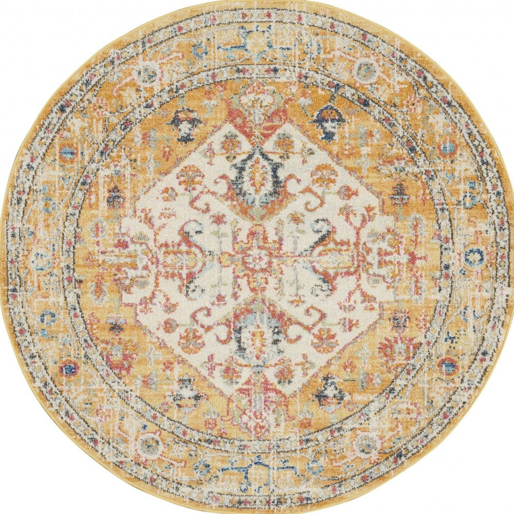 5' Yellow And Ivory Round Dhurrie Area Rug Homeroots Home Decor