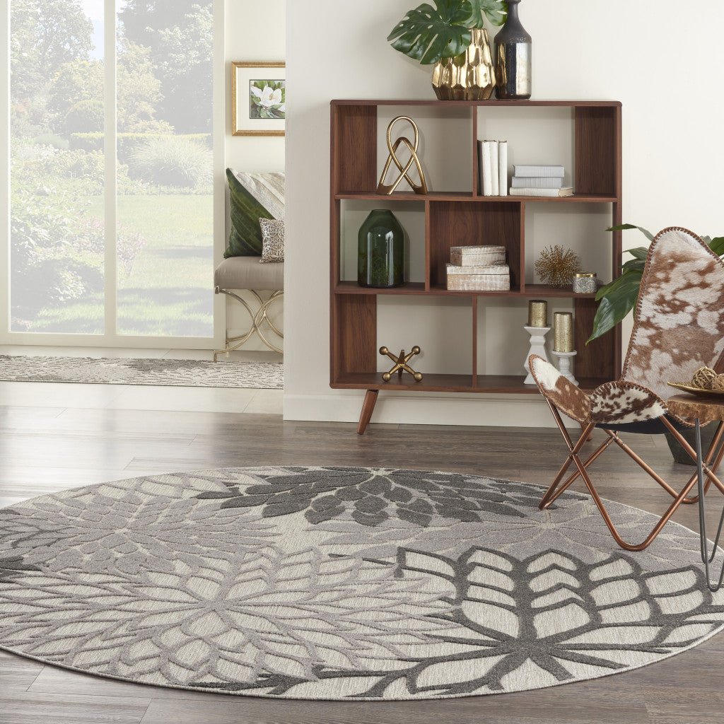 8' Round Gray Round Floral Indoor Outdoor Area Rug - Hummingbird & Hymm