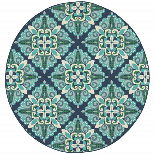 8' x 8' Blue and Green Round Indoor Outdoor Area Rug Homeroots Outdoor