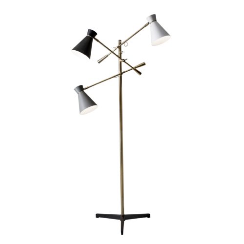 Three Arm Adjustable Floor Lamp In Brass Metal With Grey Black And White Shades Homeroots Lighting