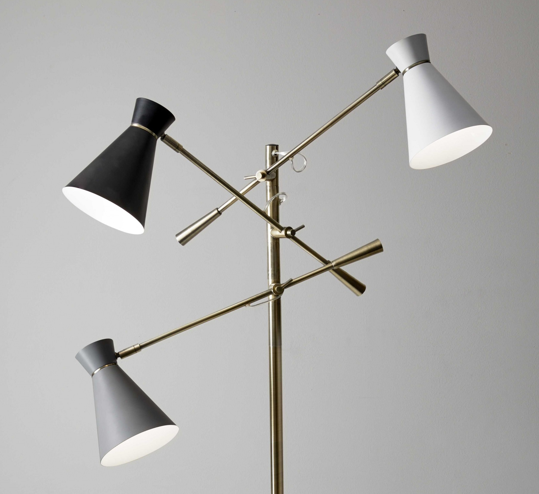 Three Arm Adjustable Floor Lamp In Brass Metal With Grey Black And White Shades Homeroots Lighting