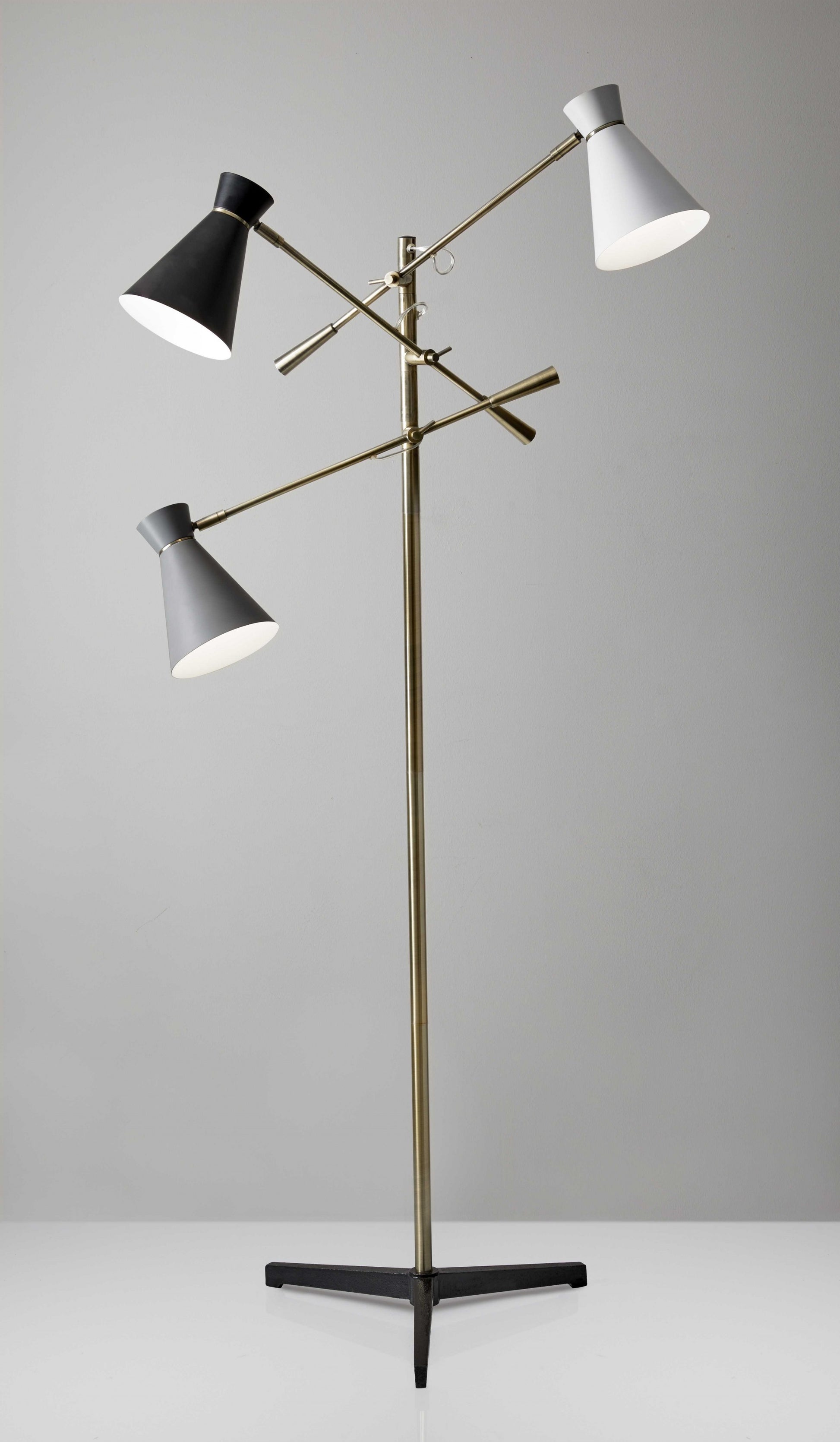 Three Arm Adjustable Floor Lamp In Brass Metal With Grey Black And White Shades Homeroots Lighting