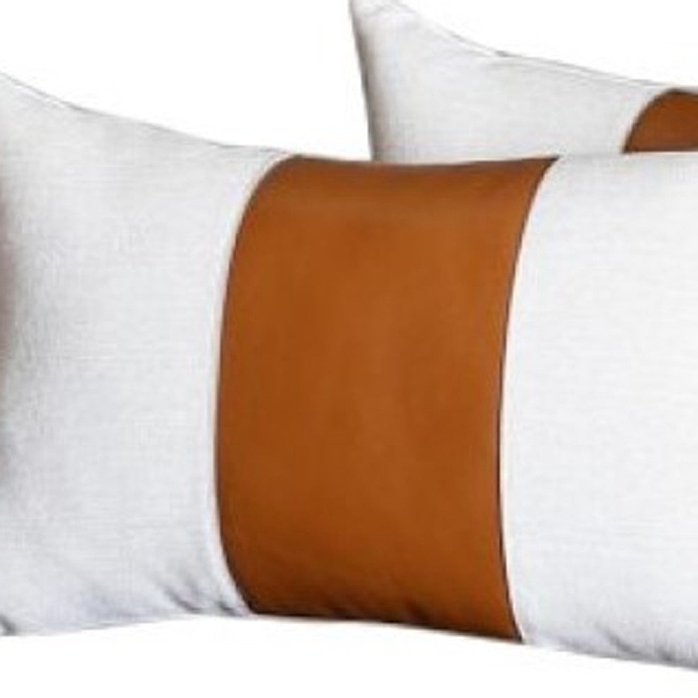 White And Brown Faux Leather Lumbar Pillow Cover Homeroots Home Decor