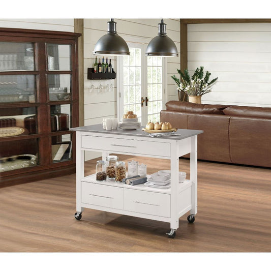 White And Stainless Rolling Kitchen Island Or Bar Cart Homeroots Kitchen & Dining