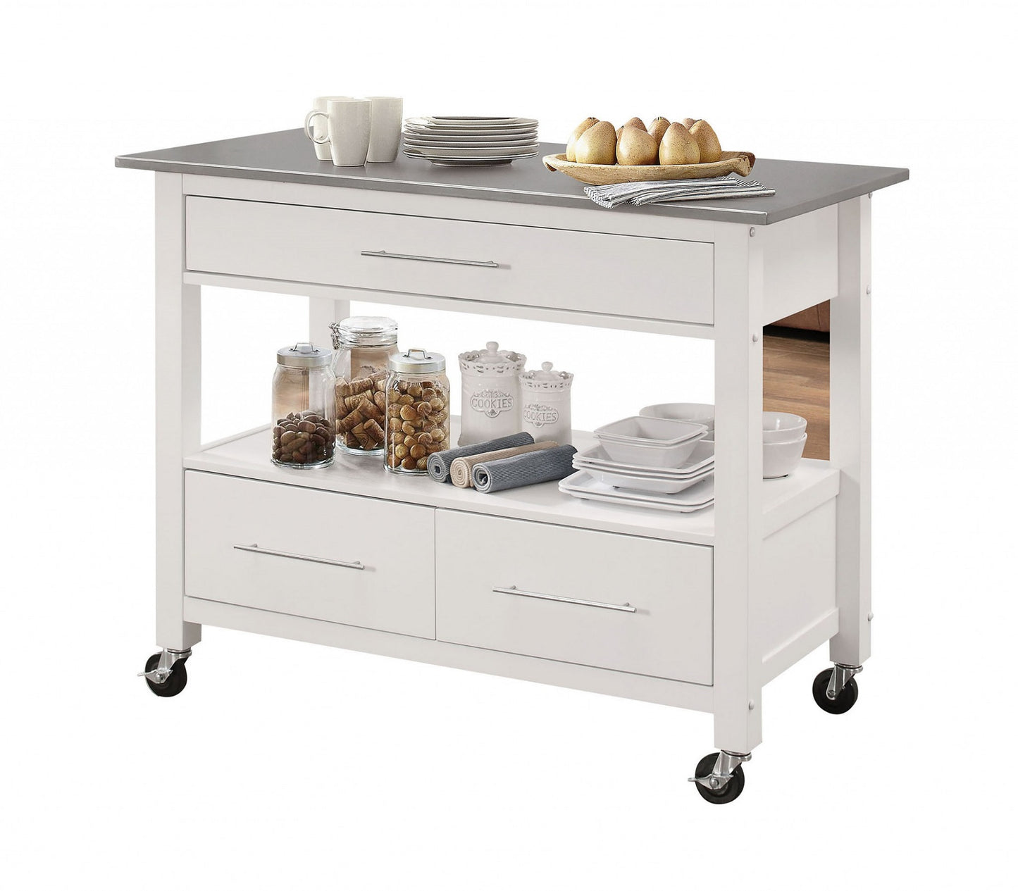 White And Stainless Rolling Kitchen Island Or Bar Cart Homeroots Kitchen & Dining