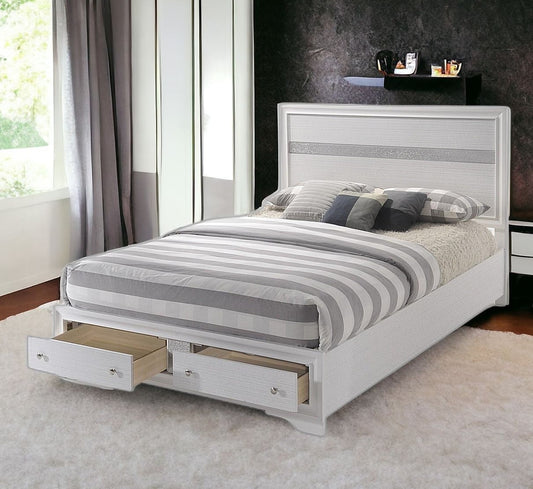 White and Beige Solid Wood And Cotton Queen With Two Drawers Bed Frame Homeroots Bed & Bath