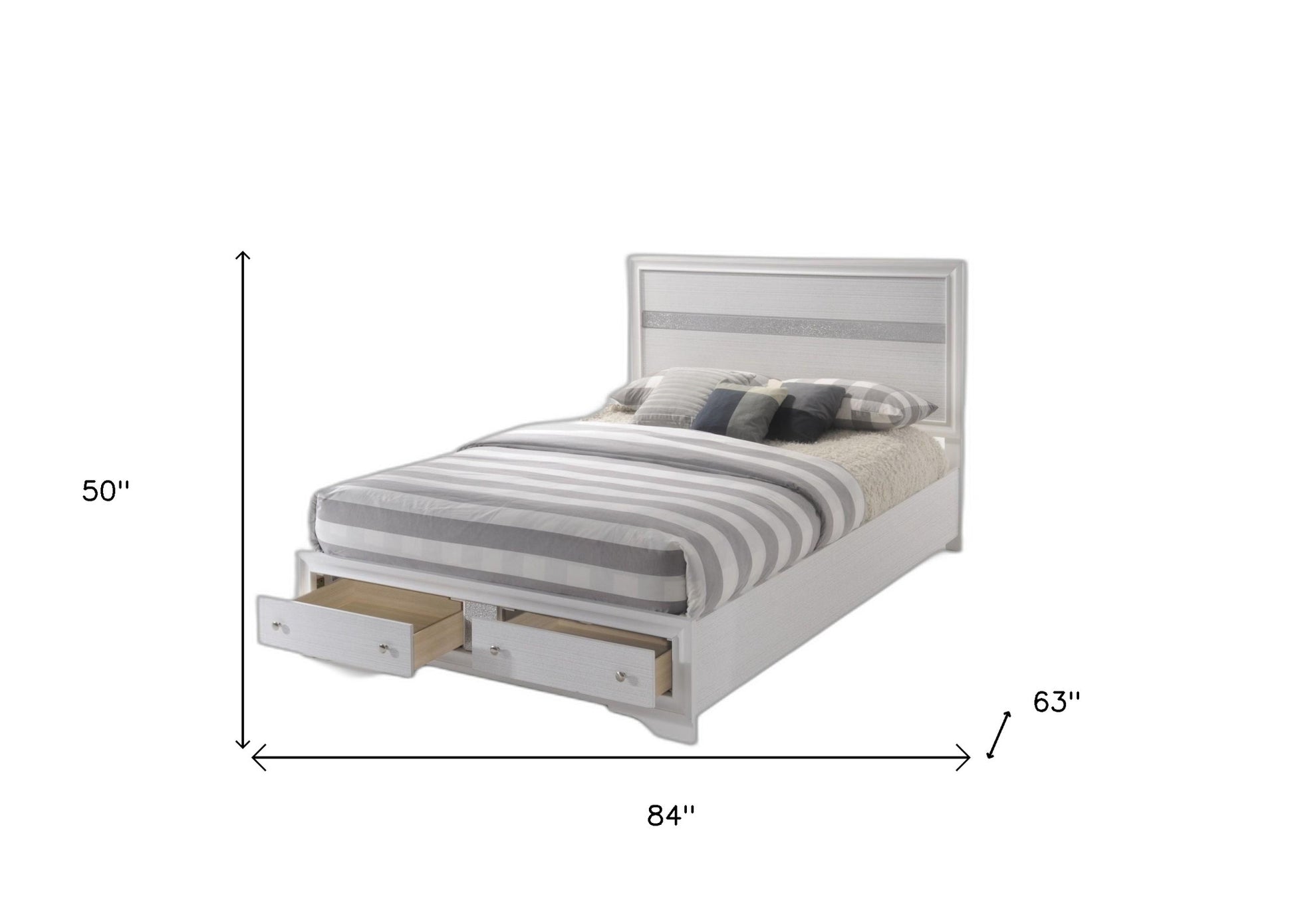 White and Beige Solid Wood And Cotton Queen With Two Drawers Bed Frame Homeroots Bed & Bath