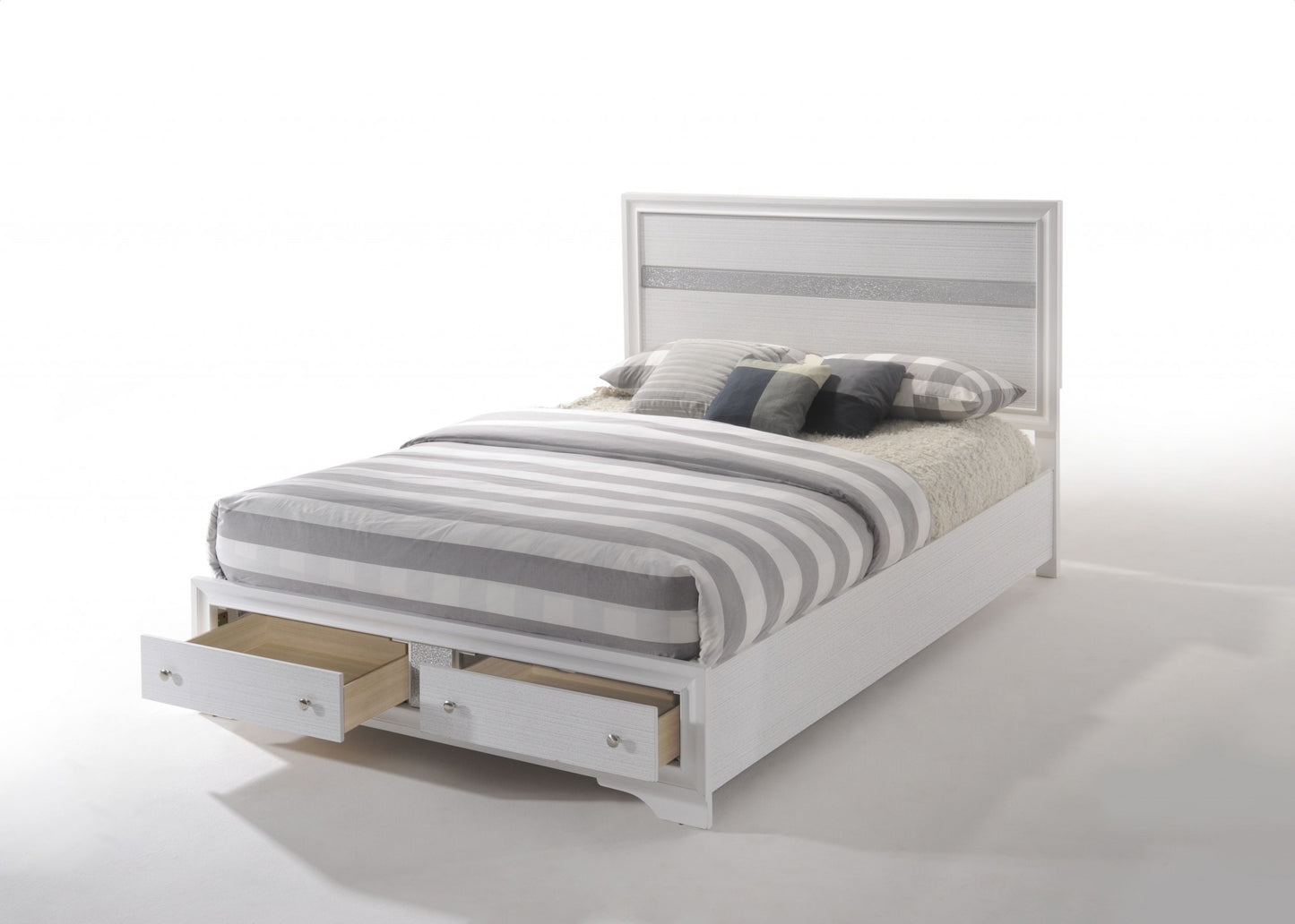 White and Beige Solid Wood And Cotton Queen With Two Drawers Bed Frame Homeroots Bed & Bath