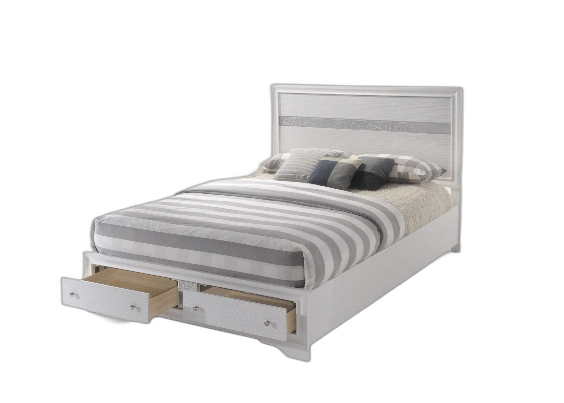 White and Beige Solid Wood And Cotton Queen With Two Drawers Bed Frame Homeroots Bed & Bath